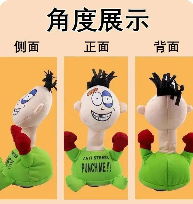 Punch Me Stress Relief Plush Toy showcasing front, side, and back views; perfect for stress relief on any occasion.